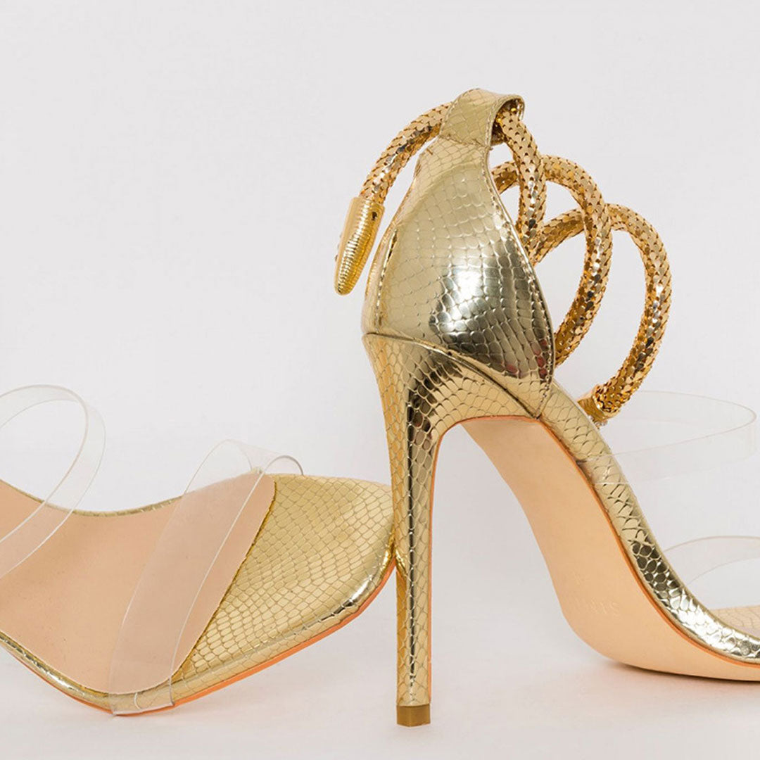 Snake Ankle Wrap Open Toe PVC Strap Stiletto Sandals - Gold