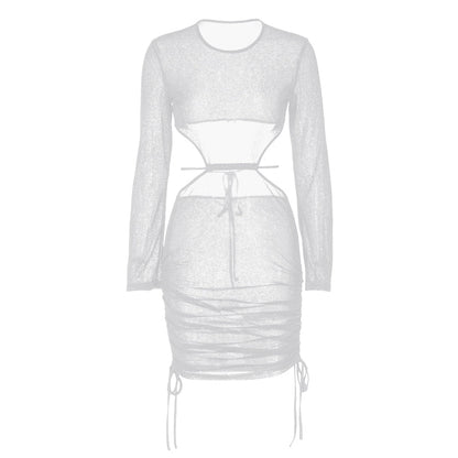 See Through Long Sleeve Ruched Open Back Drawstring Dress