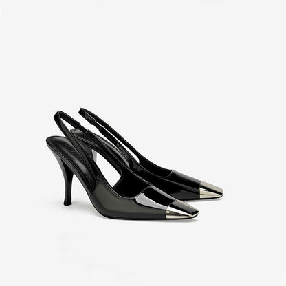 Metal Square Toe Patent Slingback High Heel Pumps - Black