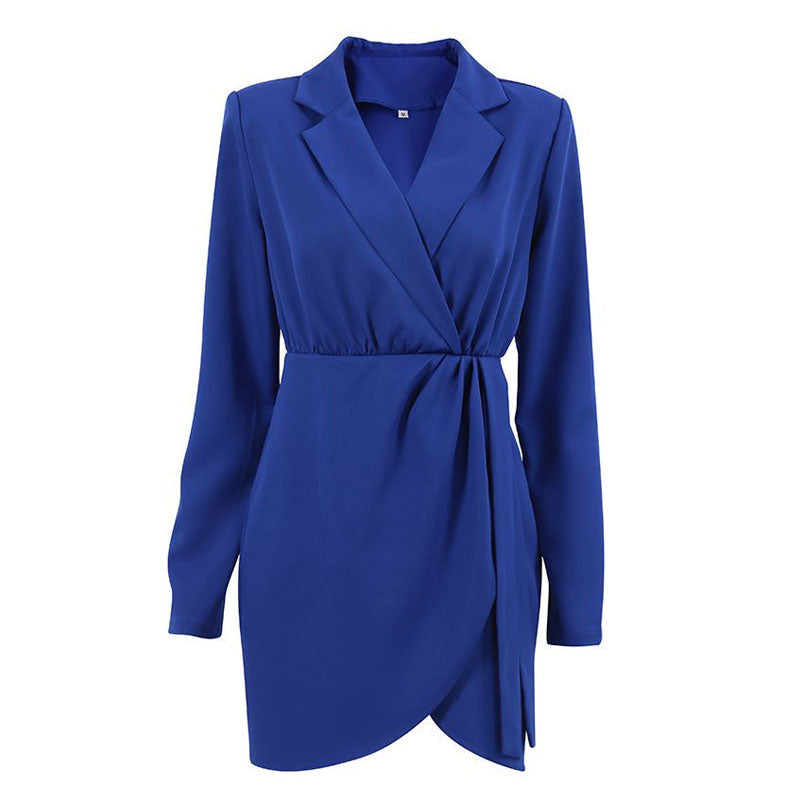 Ruched Shoulder Pad Lapel Collar V Neck Blazer Mini Dress - Royal Blue