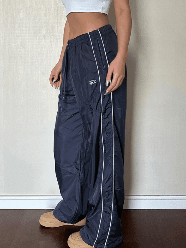 Piping Detail Wide Leg Parachute Pants