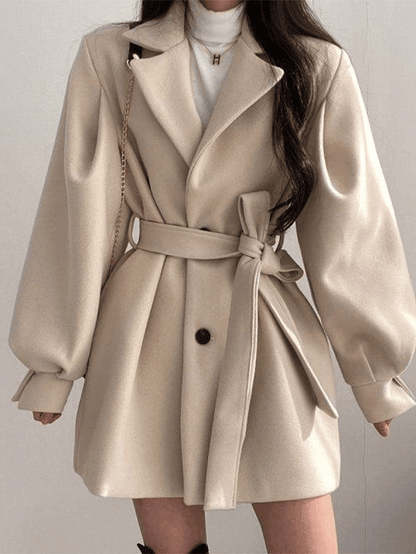 Puff Sleeve Belted Woolen Coat