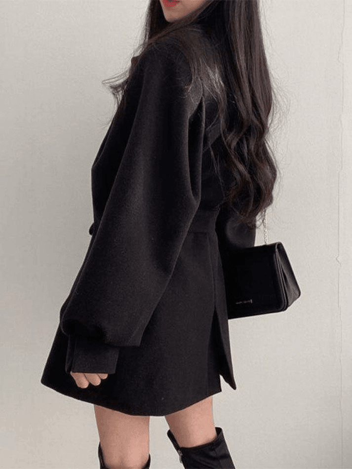 Puff Sleeve Belted Woolen Coat