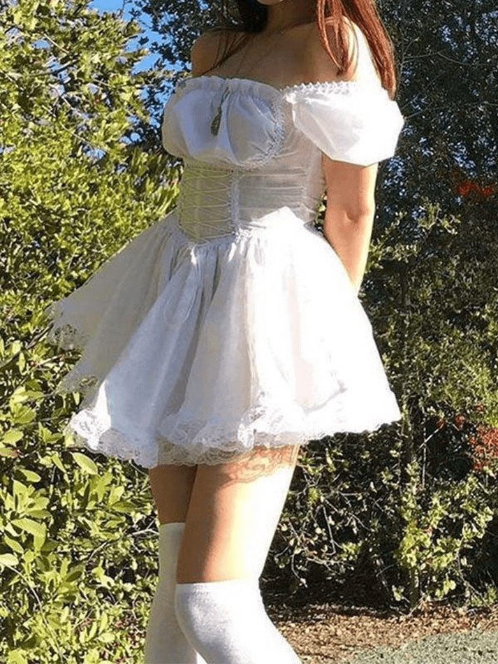 Puff Sleeve Corset Tie Mini Dress