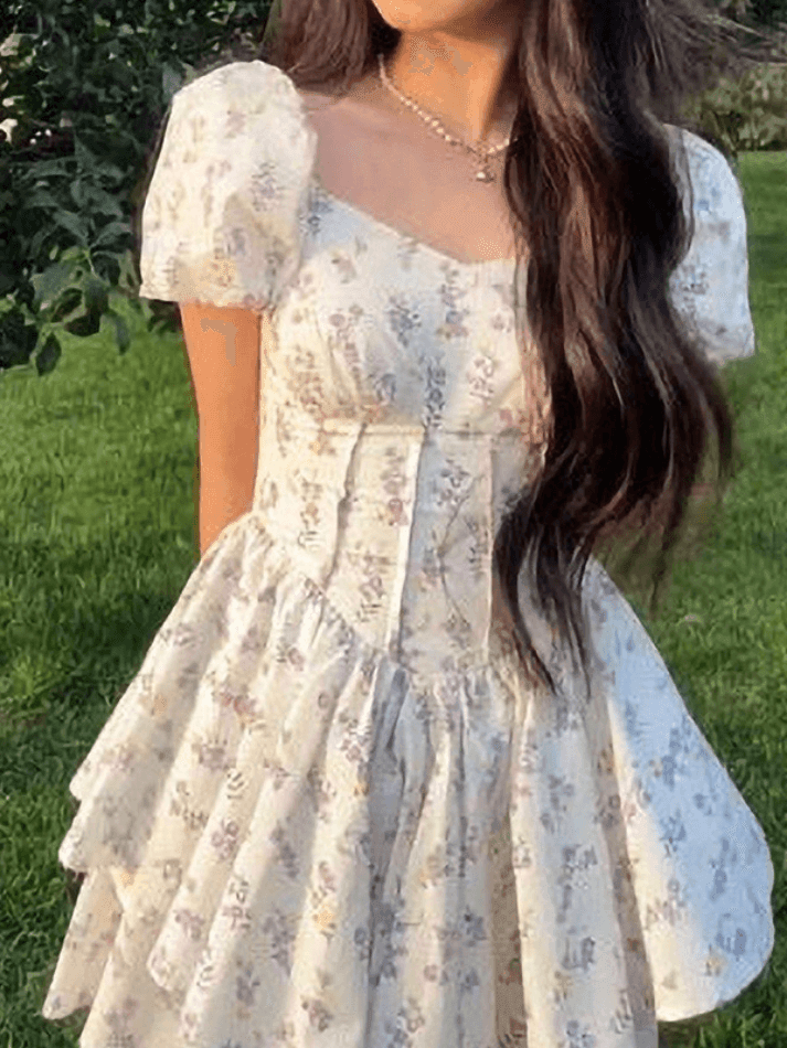 Puff Sleeve Floral Corset Mini Dress