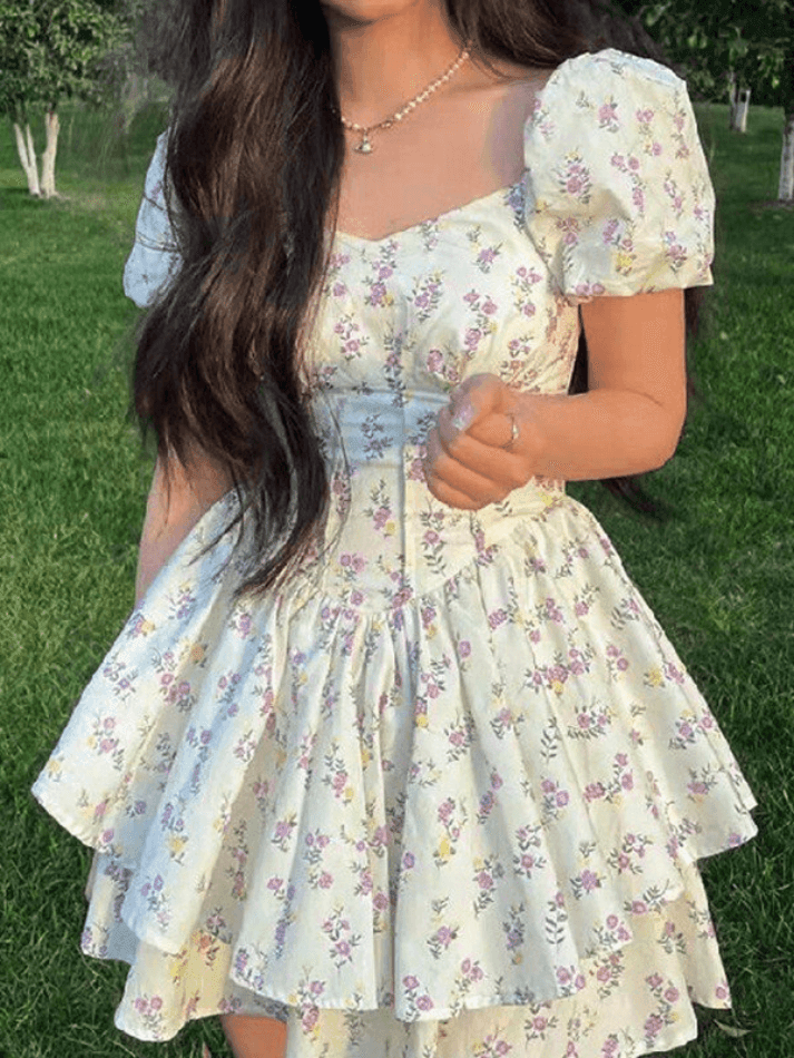 Puff Sleeve Floral Corset Mini Dress