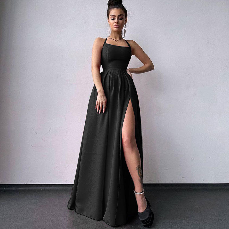 Solid Color High Split Lace Up Back Sleeveless Prom Maxi Dress - Black