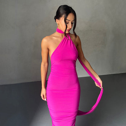 Solid Color One Shoulder Ruched Evening Maxi Dress - Hot Pink