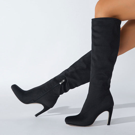 Slouchy Square Toe Side Zipper Stiletto Heel Knee High Boots - Black