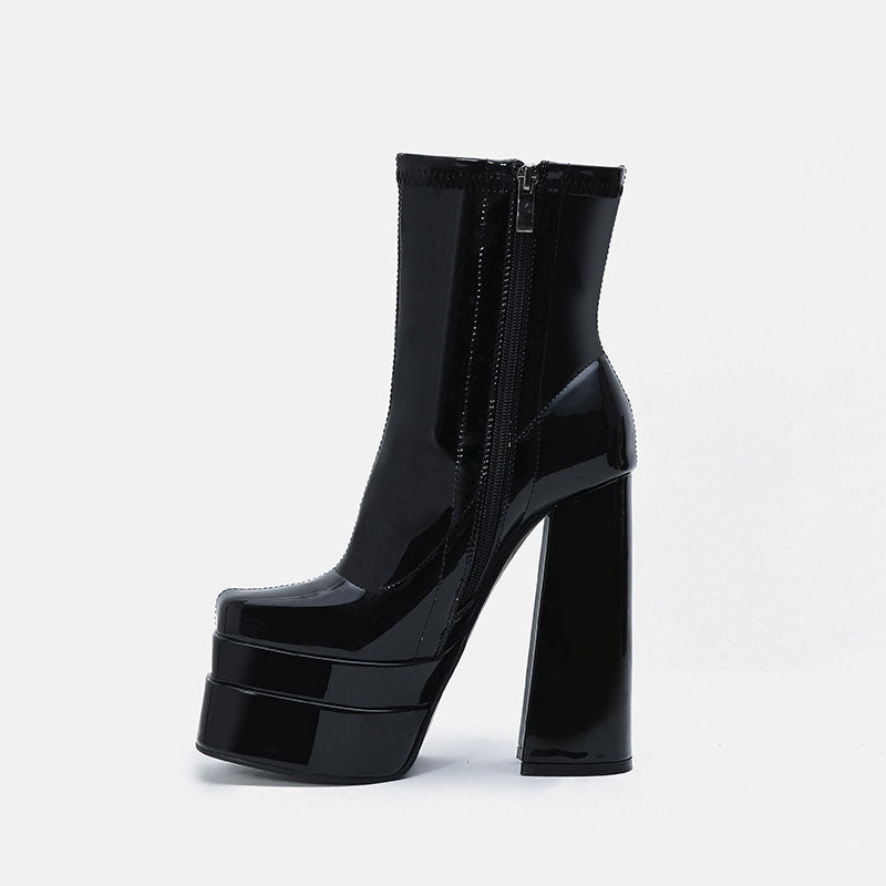 Solid Color Patent Leather Chunky High Heel Platform Ankle Boots - Black