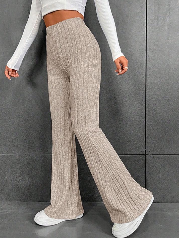 Solid Color Ribbed High Waist Flare Leg Pants