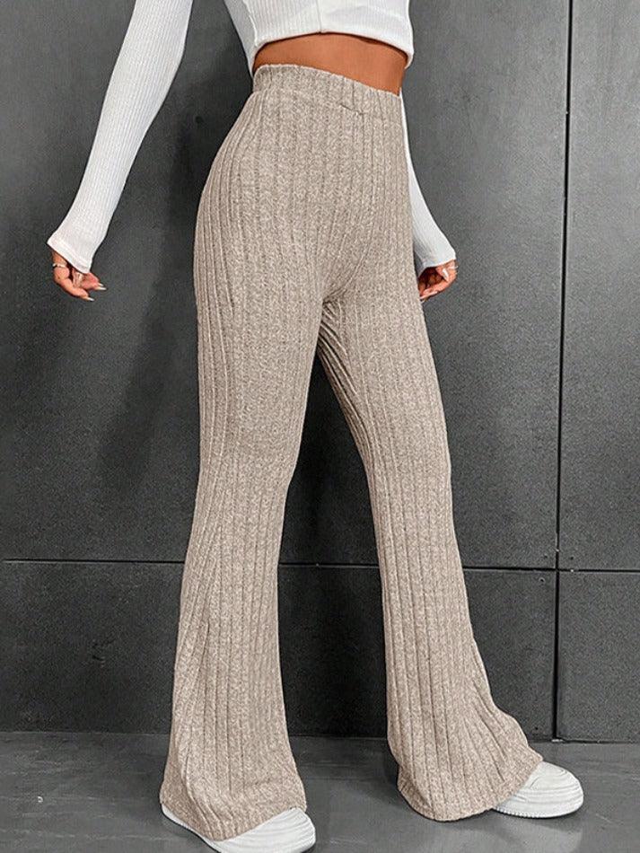 Solid Color Ribbed High Waist Flare Leg Pants