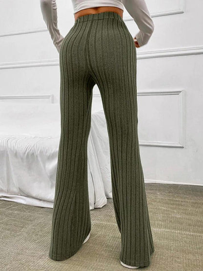 Solid Color Ribbed High Waist Flare Leg Pants