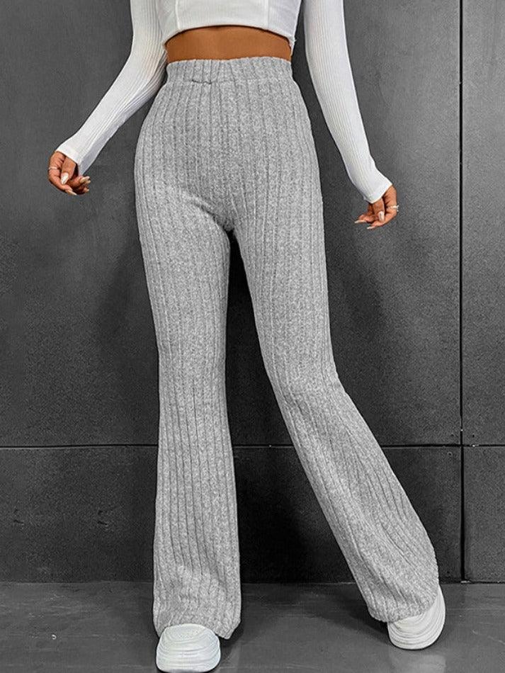 Solid Color Ribbed High Waist Flare Leg Pants