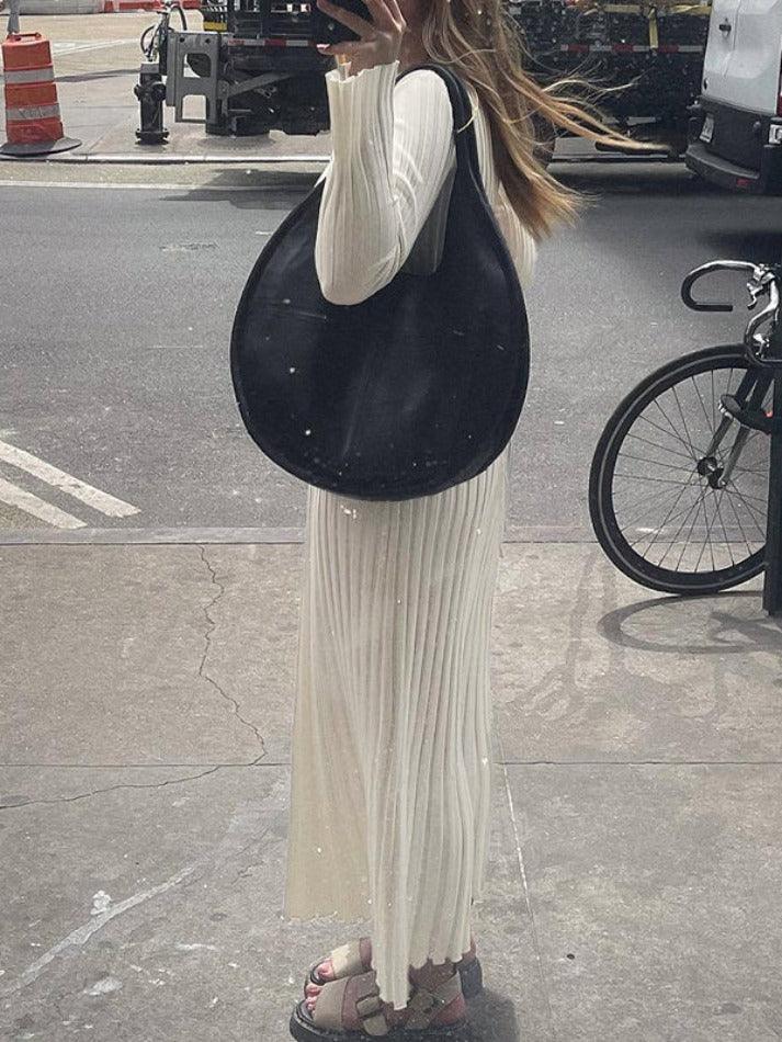 Solid Color Wide Ribbed Design Slim Knit Maxi Dress