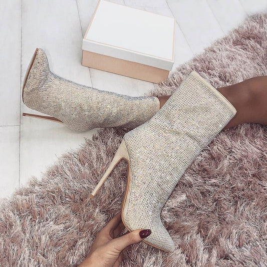 Rhinestone Pointed Toe High Heeled Suede Ankle Boots - Beige