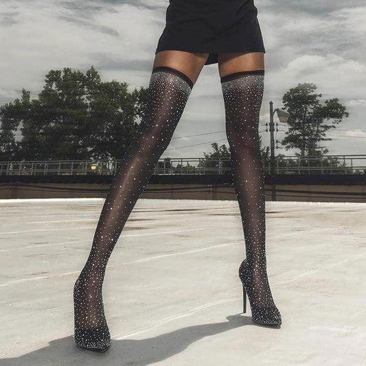 Rhinestone Pointed Toe Stiletto Heel Thigh High Boots - Black