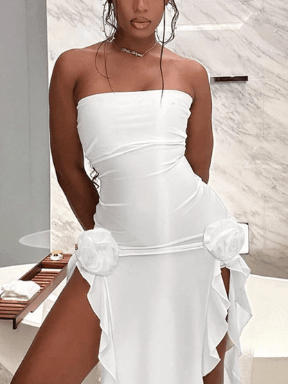 Split Ruffle Mesh Bandeau Maxi Dress