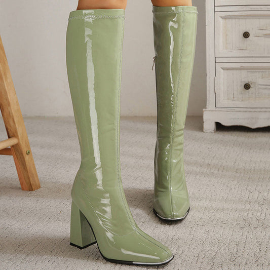 Square Toe Patent Leather Block Heel Knee High Boots - Olive Green