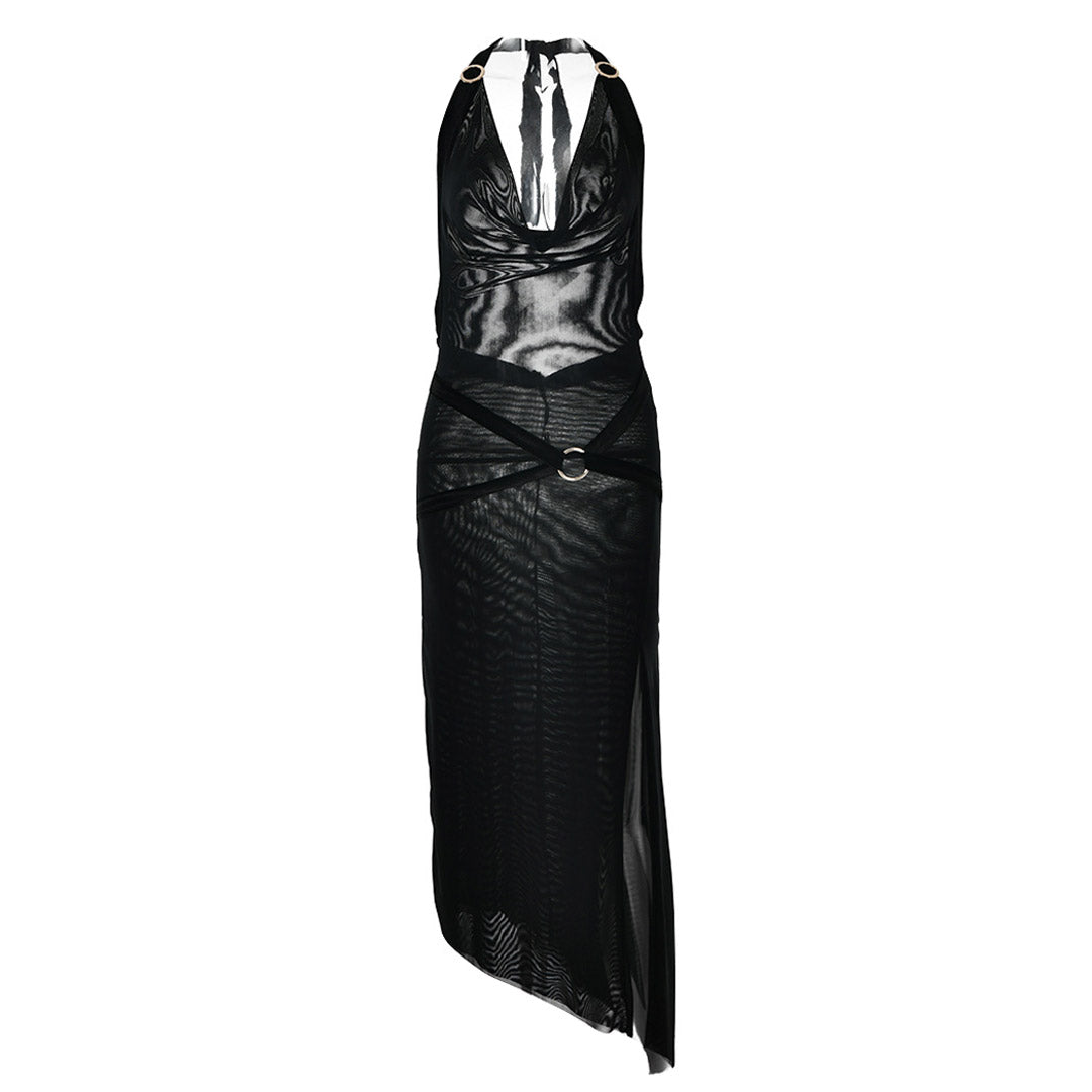 Stylish High Split Sheer Mesh O Ring Halter Cowl Neck Midi Dress - Black