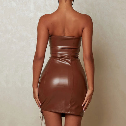 Sultry Strapless Lace Up Cut Out Bodycon Club Mini Dress - Brown