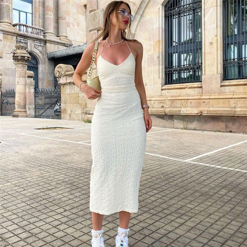 Sweet Textured Split Trim Low Back Sleeveless Halter Midi Dress - White