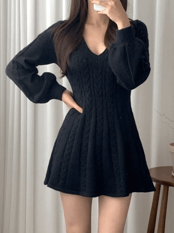 V Neck Cable Knit Long Sleeve Mini Dress