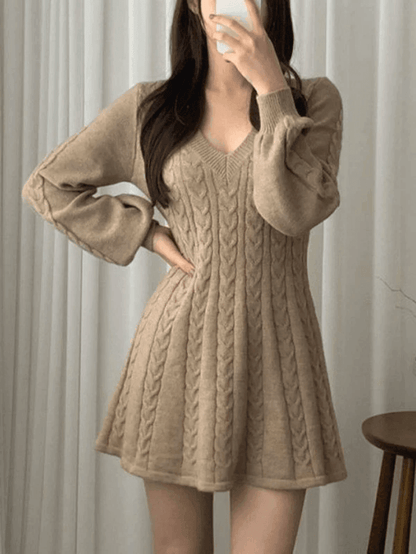 V Neck Cable Knit Long Sleeve Mini Dress