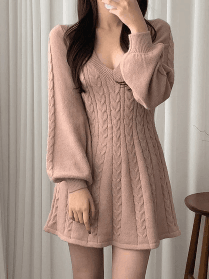 V Neck Cable Knit Long Sleeve Mini Dress