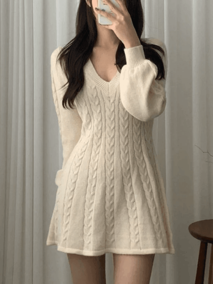 V Neck Cable Knit Long Sleeve Mini Dress