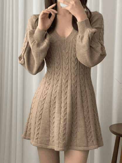 V Neck Cable Knit Long Sleeve Mini Dress