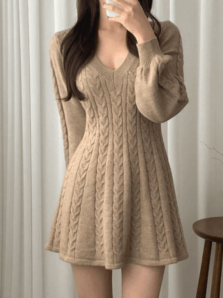 V Neck Cable Knit Long Sleeve Mini Dress