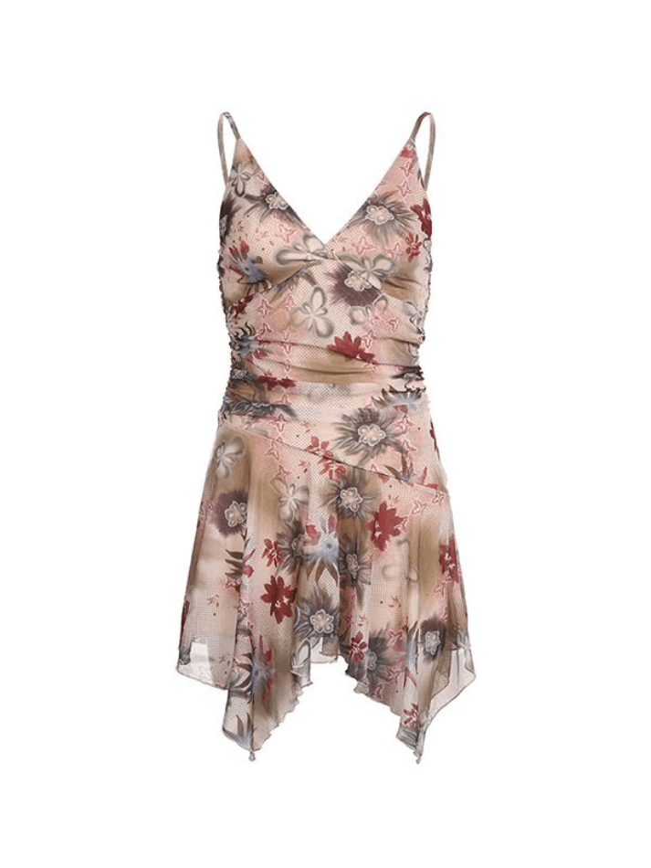 V-Neck Floral Waist Pleated Mesh Mini Dresses