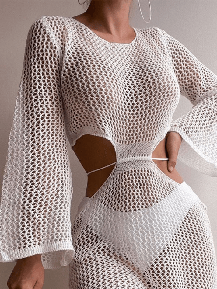 White Cutout Long Sleeve Cover-Up Dress