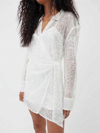 White Sequin Shirt Mini Dress