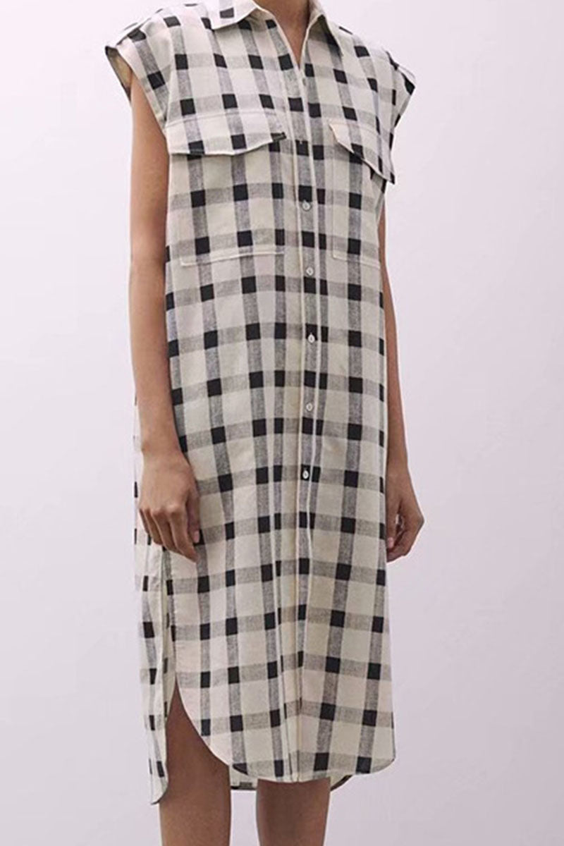 Fashion Casual Plaid Split Joint Turndown Collar A Line Dresses