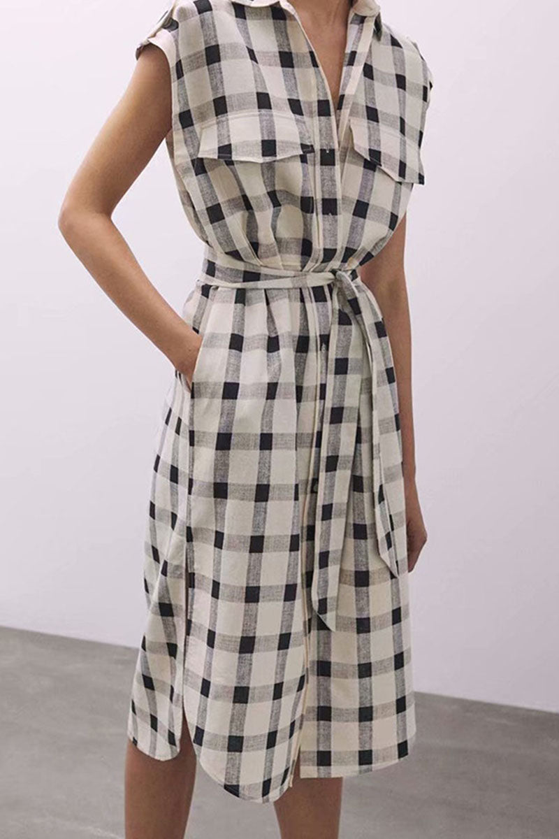 Fashion Casual Plaid Split Joint Turndown Collar A Line Dresses