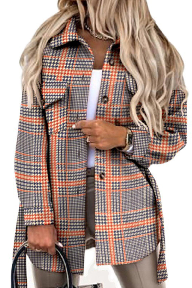 Street Plaid Buckle With Belt Turndown Collar Outerwear(5 Colors)