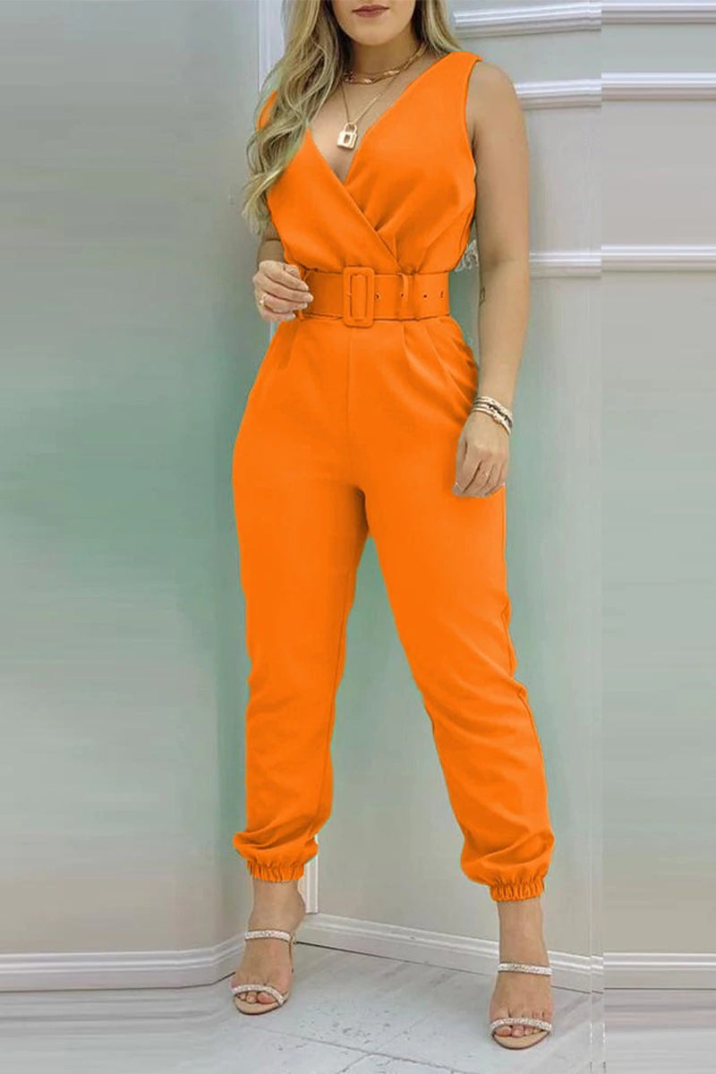 Sexy Casual Solid Backless With Belt V Neck Regular Jumpsuits