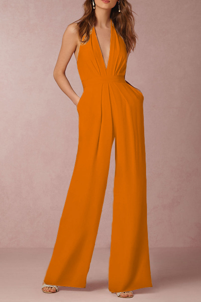 Sexy Elegant Solid Backless Fold V Neck Regular Jumpsuits(12 Colors)