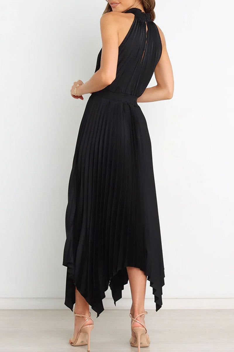 Sweet Elegant Solid Fold Asymmetrical Halter Irregular Dress Dresses