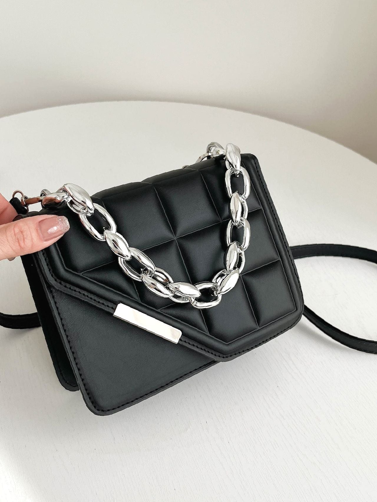 Textured Chain Flap Square Bag  - Women Satchels