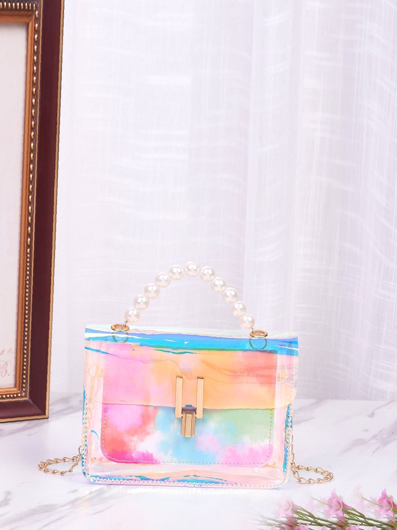 Holographic Faux Pearl Handle Satchel Bag  - Women Satchels