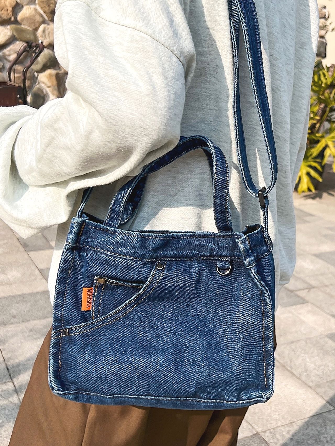 Letter Detail Denim Square Bag  - Women Satchels