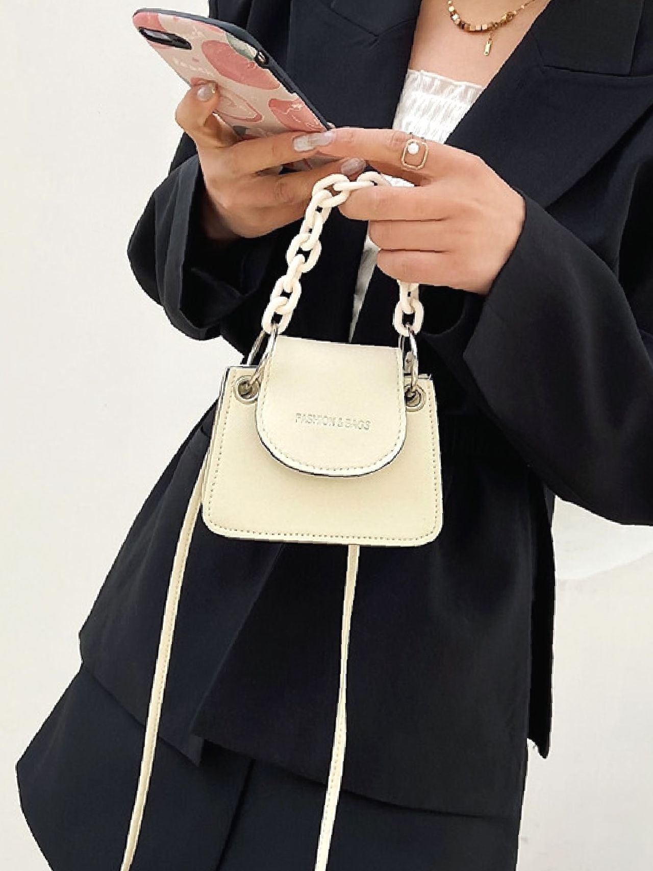 Minimalist Letter Embossed Chain Satchel Bag  - Women Satchels