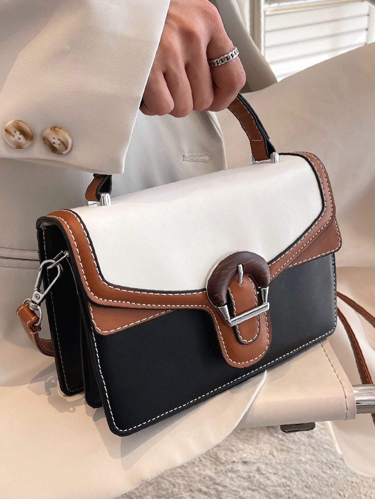 Buckle Detail Colorblock Square Bag  - Women Satchels