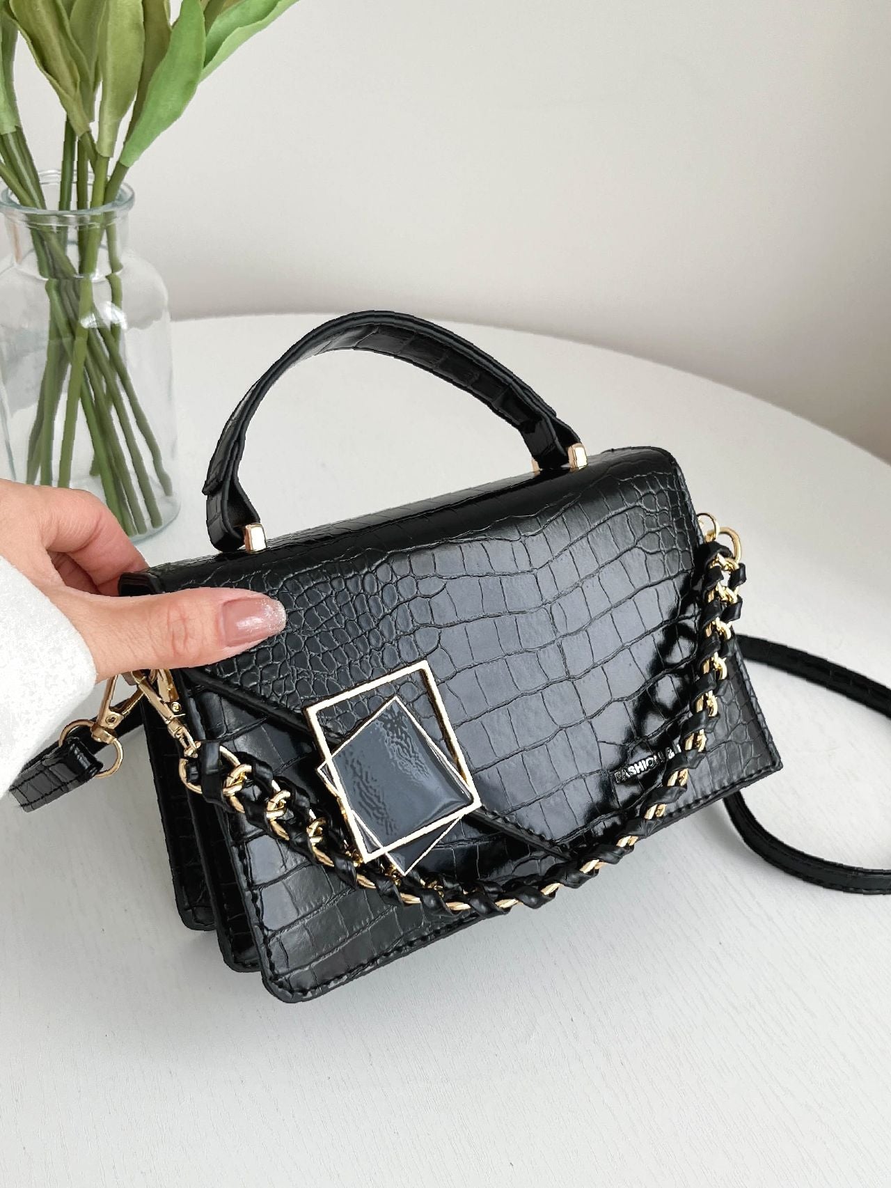 Crocodile Embossed Flap Square Bag  - Women Satchels