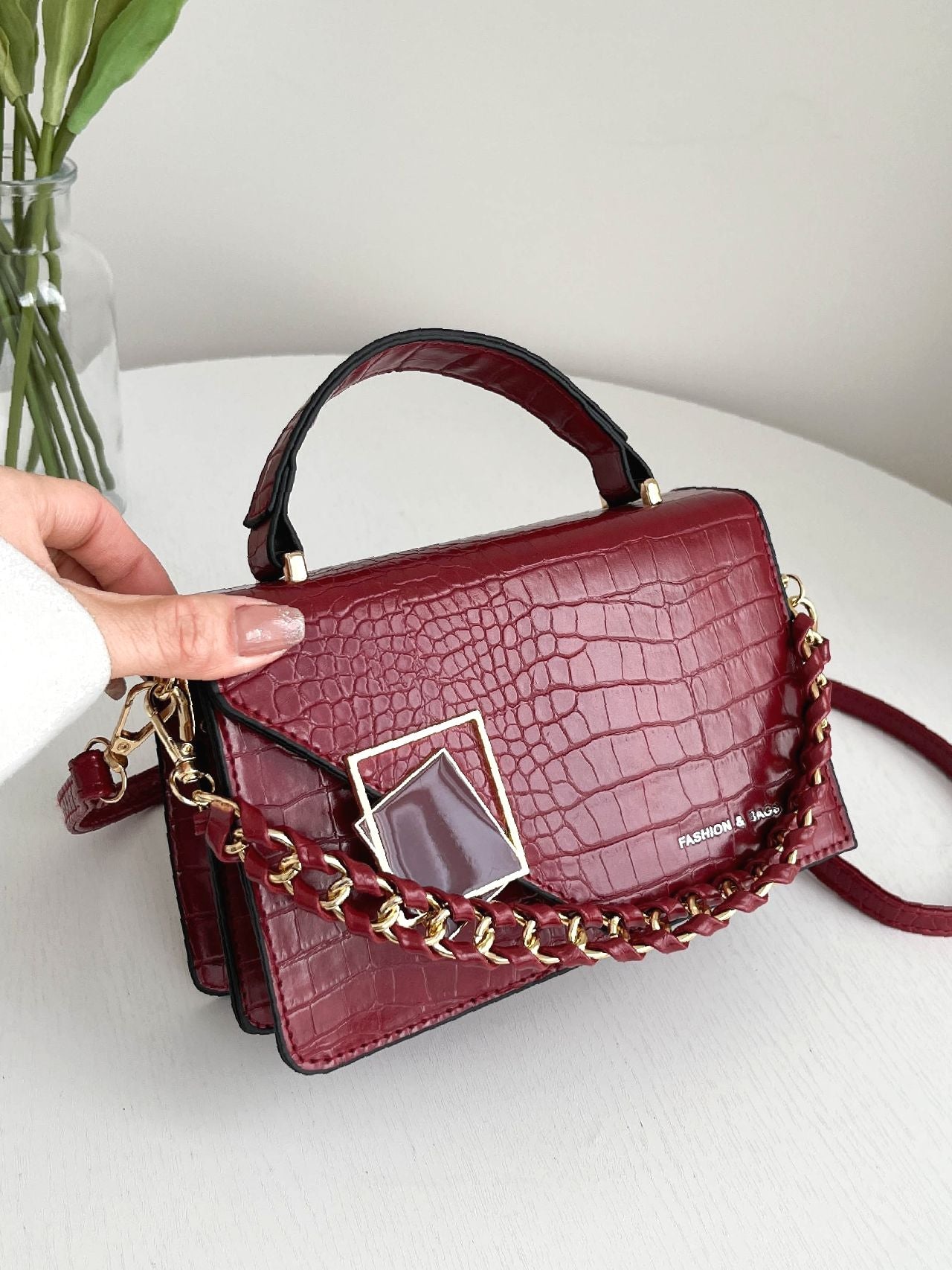 Crocodile Embossed Flap Square Bag  - Women Satchels