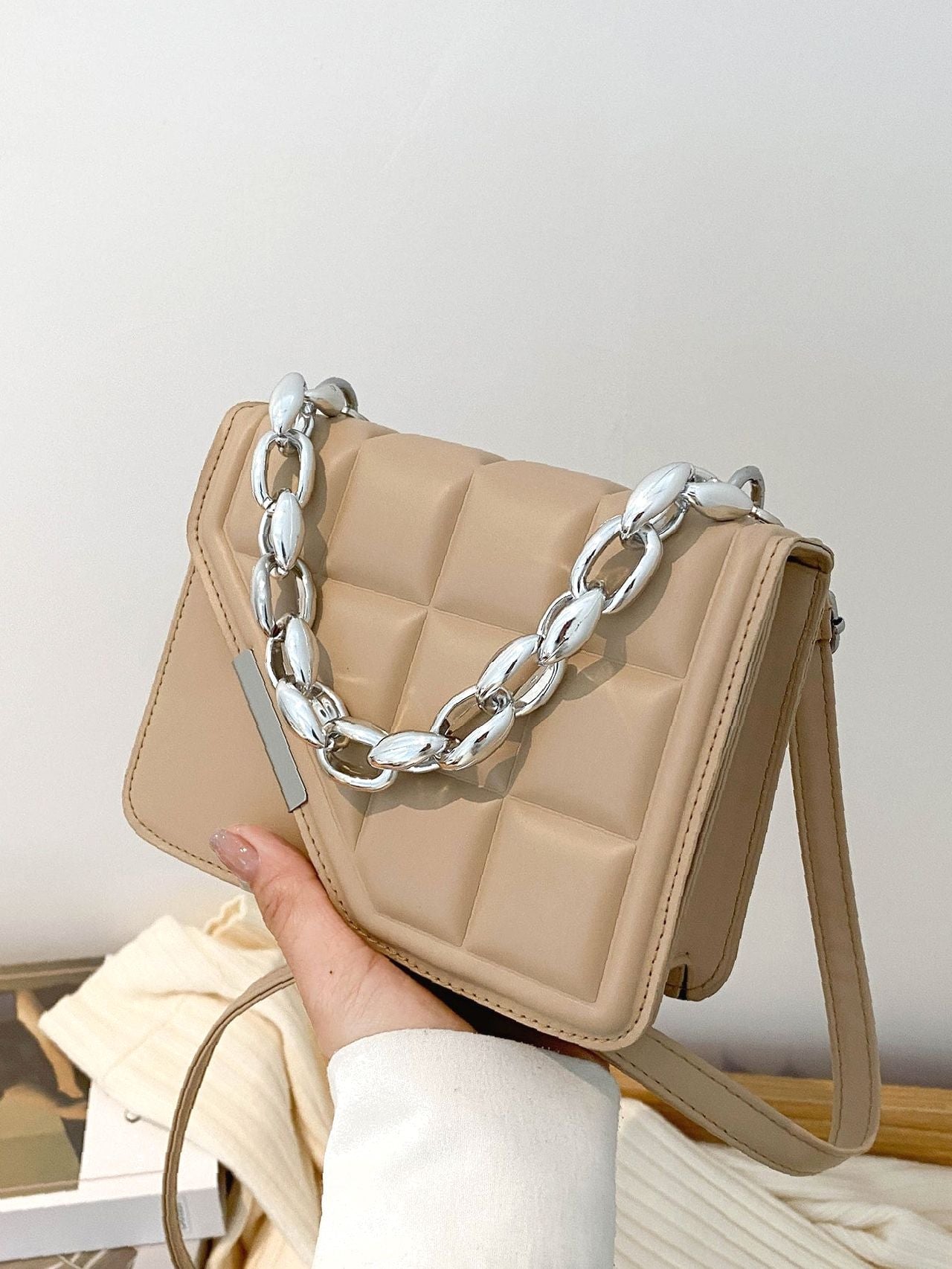 Textured Chain Flap Square Bag  - Women Satchels