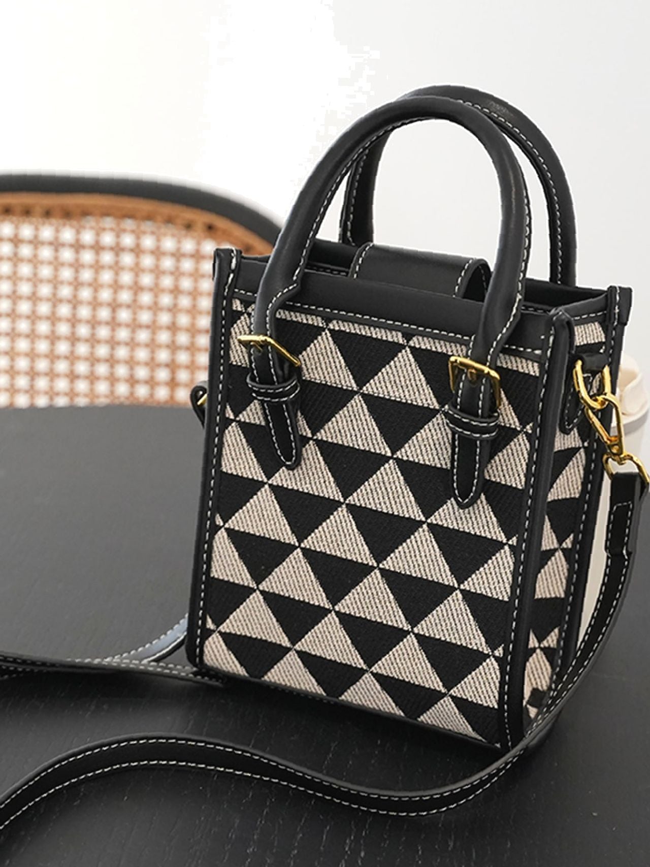 Geometric Pattern Stitch Detail Square Bag  - Women Satchels